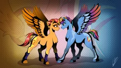 Size: 3265x1837 | Tagged: safe, artist:lupiarts, derpibooru import, rainbow dash, spitfire, pegasus, pony, duo, female, g5, leg warmers, lesbian, rainbow dash (g5), shipping, spitdash, spread wings, tail wrap, wallpaper, wings