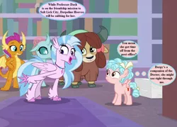 Size: 896x640 | Tagged: safe, derpibooru import, edit, edited screencap, screencap, cozy glow, ocellus, silverstream, smolder, yona, pegasus, pony, what lies beneath, book, bookshelf, bow, cropped, dialogue, female, filly, implied derpy, implied doctor whooves, implied rainbow dash, jewelry, library, mane bow, necklace, school of friendship, speech bubble, tail bow, text, thought bubble