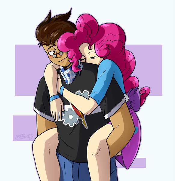 Size: 1850x1906 | Tagged: safe, artist:nolycs, derpibooru import, pinkie pie, oc, oc:copper plume, human, equestria girls, blushing, bow, canon x oc, clothes, commission, commissioner:imperfectxiii, copperpie, cute, female, freckles, glasses, human coloration, humanized, legs, male, neckerchief, pants, piggyback ride, shipping, shirt, skirt, sleeping, straight, wristband