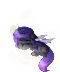 Size: 585x700 | Tagged: artist:its-gloomy, changeling, changeling oc, chibi, derpibooru import, moon, oc, oc:viciz, purple changeling, safe, simple background, sleeping, transparent background