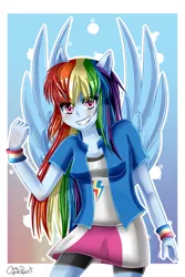 Size: 2000x3000 | Tagged: safe, artist:wolfchen999, derpibooru import, rainbow dash, equestria girls, blushing, clothes, compression shorts, cute, female, looking at you, miniskirt, moe, shirt, shorts, skirt, smiling, solo, wings, wristband