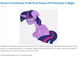 Size: 826x638 | Tagged: safe, derpibooru import, twilight sparkle, twilight sparkle (alicorn), alicorn, pony, equestria daily, season 9, spoiler:s09, confirmed legit, depressing, drama bait, end of g4, end of ponies, final season, sad, screenshots, solo, the end is near, the end is neigh, the end is nigh, the end is upon us, the ride ends