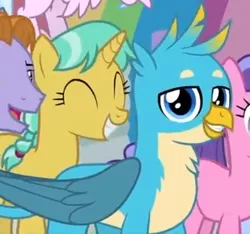Size: 375x351 | Tagged: safe, derpibooru import, screencap, auburn vision, berry blend, berry bliss, citrine spark, fire quacker, gallus, silverstream, gryphon, pony, unicorn, teacher of the month (episode), spoiler:interseason shorts, chest fluff, cute, female, friendship student, gallabetes, male, offscreen character, quackerdorable, smiling, wings