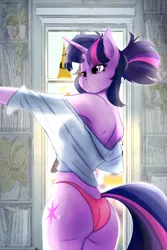 Size: 2000x3000 | Tagged: suggestive, artist:huckser, derpibooru import, twilight sparkle, anthro, unicorn, alternate hairstyle, ass, braless, breasts, butt, clothes, female, mare, morning ponies, morning routine, panties, pink underwear, see-through, sideboob, solo, solo female, twibutt, underwear, unicorn twilight