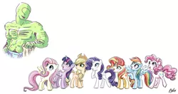 Size: 2417x1277 | Tagged: safe, artist:nobody, artist:ritalux, derpibooru import, edit, applejack, fluttershy, pinkie pie, rainbow dash, rarity, sunset shimmer, twilight sparkle, twilight sparkle (alicorn), oc, oc:anon, alicorn, equestria girls, abs, anon gets all the mares, belly button, body hair, mane six, muscles, nipples, nudity, simple background, stupid sexy anon, sweat, towel, white background