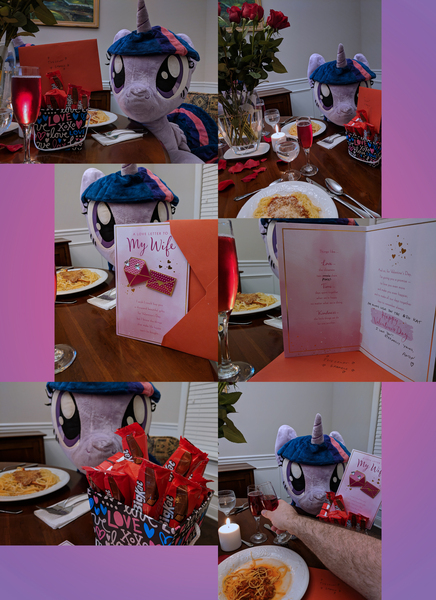 Size: 1818x2500 | Tagged: safe, artist:plushwaifus, derpibooru import, photographer:corpulentbrony, twilight sparkle, twilight sparkle (alicorn), alicorn, big kat, candle, candy, card, champagne, chocolate, collage, disembodied arm, disembodied hand, female, flower, food, greeting card, hand, hearts and hooves day, holiday, irl, kit kat, pasta, photo, plushie, present, spaghetti, toasting, valentine's day, waifu dinner, wife