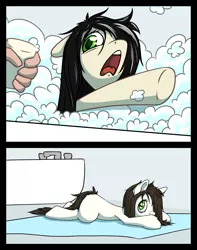 Size: 1577x2000 | Tagged: safe, artist:senaelik, derpibooru import, oc, oc:floor bored, unofficial characters only, earth pony, human, pony, adorable distress, alternate hair color, bath, bathroom, bathtub, bubble, bubble bath, cute, dirty, female, floppy ears, forced bathing, frown, hair over one eye, hand, looking at you, looking up, mare, prone, soap, solo focus, towel, underhoof, washing, wet, wet mane, white coat, wide eyes