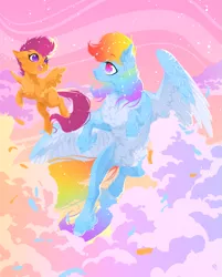 Size: 1083x1350 | Tagged: safe, artist:rossignolet, derpibooru import, rainbow dash, scootaloo, pegasus, pony, belly fluff, cheek fluff, chest fluff, cloud, cute, duo, ear fluff, eye contact, feather, female, filly, floppy ears, fluffy, flying, gradient eyes, happy, hoof fluff, leg fluff, looking at each other, mare, neck fluff, no pupils, scootaloo can fly, shiny, sky, smiling, spread wings, starry eyes, unshorn fetlocks, wing fluff, wingding eyes, wings