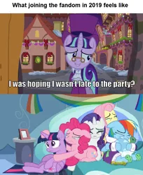 Size: 837x1024 | Tagged: a hearth's warming tail, alicorn, caption, crying, derpibooru import, edit, edited screencap, end of ponies, fluttershy, image macro, late fan, late join, pinkie pie, rainbow dash, rarity, sad, safe, screencap, snowfall frost, starlight glimmer, tank, tanks for the memories, text, twilight sparkle, twilight sparkle (alicorn)