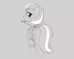 Size: 1840x1480 | Tagged: safe, artist:brisineo, derpibooru import, oc, oc:roulette, unofficial characters only, earth pony, pony, fallout equestria, fallout equestria: red 36, armor, clothes, fanfic art, female, gun, looking at you, looking back, looking back at you, mare, monochrome, ncr, new canterlot, pauldron, pouch, rifle, simple background, solo, uniform, weapon