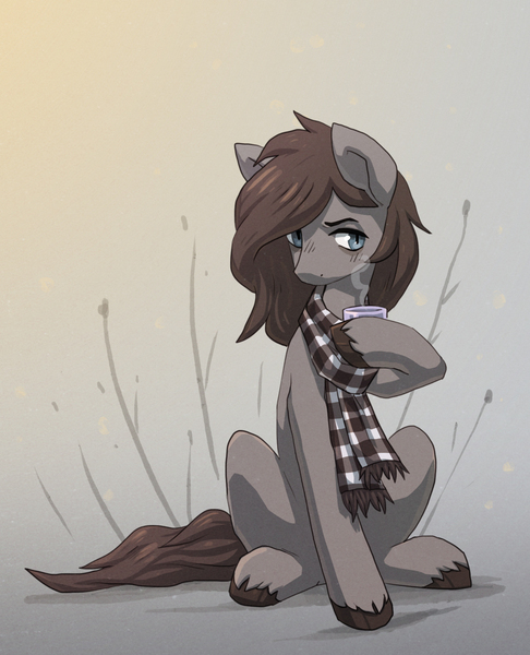 Size: 1461x1803 | Tagged: safe, artist:koviry, derpibooru import, oc, oc:somber solace, unofficial characters only, earth pony, pony, clothes, coffee mug, commission, male, mug, scarf, solo, stallion