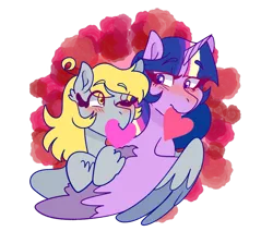 Size: 1280x1087 | Tagged: safe, artist:cubbybatdoodles, derpibooru import, derpy hooves, ditzy doo, twilight sparkle, twilight sparkle (alicorn), alicorn, pegasus, pony, female, heart, lesbian, one eye closed, shipping, simple background, transparent background, twerpy