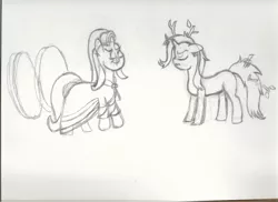 Size: 2338x1700 | Tagged: safe, artist:2tailedderpy, artist:foxhorseart, derpibooru import, starlight glimmer, trixie, pony, unicorn, road to friendship, angry, duo, female, mare, sketch, smug, stick, traditional art, wheel