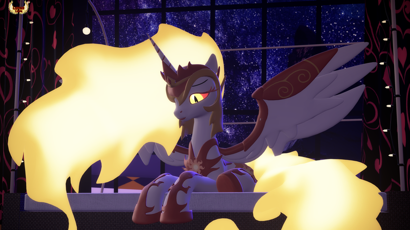 Size: 3840x2160 | Tagged: safe, artist:loveslove, derpibooru import, daybreaker, alicorn, pony, 3d, bed, bedroom, female, lying down, mare, night, night sky, sad, sky, solo, spread wings, starry night, wings