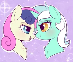 Size: 800x677 | Tagged: safe, artist:lulubell, derpibooru import, bon bon, lyra heartstrings, sweetie drops, earth pony, pony, unicorn, boop, bust, eye contact, female, lesbian, looking at each other, lyrabon, mare, noseboop, nuzzling, shipping, sparkles