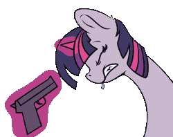Size: 1000x792 | Tagged: semi-grimdark, artist:senaelik, derpibooru import, twilight sparkle, pony, unicorn, alicorn drama, animated, crying, drama, end of ponies, frame by frame, gif, glowing horn, gun, horn, imminent suicide, implied suicide, in-universe pegasister, magic, series finale blues, series finale drama, simple background, solo, squigglevision, suicidal, suicide, telekinesis, transparent background, unicorn twilight, we are going to hell, weapon