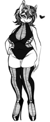 Size: 1250x3000 | Tagged: anthro, artist:replica, breasts, chubby, clothes, derpibooru import, female, grayscale, high heels, lipstick, looking at you, monochrome, oc, oc:reppy, shoes, sketch, socks, solo, solo female, stockings, suggestive, thigh highs, unofficial characters only