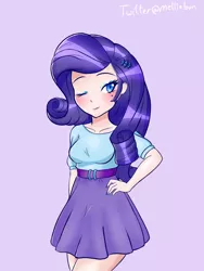Size: 900x1200 | Tagged: safe, artist:melliedraws, derpibooru import, rarity, human, equestria girls, belt, clothes, eyeshadow, hands on waist, humanized, makeup, nail polish, one eye closed, skirt, solo, wink