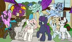 Size: 1024x602 | Tagged: safe, artist:kellythedrawinguni, derpibooru import, oc, oc:ember, oc:kelly, oc:orchid, unofficial characters only, changeling, pegasus, pony, unicorn, changeling oc, curved horn, female, glasses, horn, male, mare, stallion