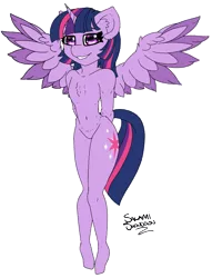 Size: 2036x2670 | Tagged: safe, artist:salamishowdown, derpibooru import, twilight sparkle, alicorn, anthro, plantigrade anthro, breastless female, chibi, female, looking at you, simple background, smiling, smiling at you, solo, twilight sparkle (alicorn)