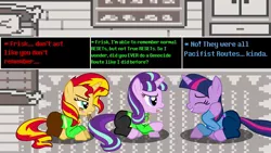 Size: 1920x1080 | Tagged: safe, derpibooru import, starlight glimmer, sunset shimmer, twilight sparkle, pony, asriel dreemurr, chara, charaset, frisk, grin, nervous, nervous grin, smiling, stariel gleemurr, sweat, twilight friskle, undertale