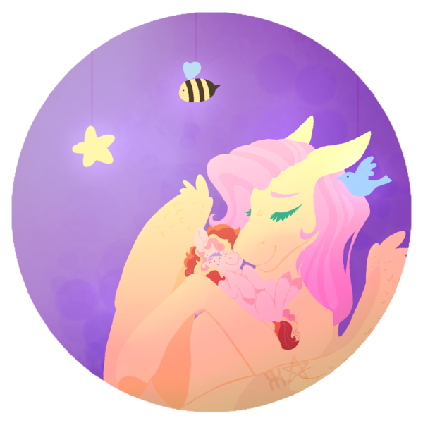 Size: 2500x2500 | Tagged: safe, artist:glitchthunder, derpibooru import, fluttershy, oc, oc:bird cherry, earth pony, pegasus, pony, baby, baby pony, blushing, cute, duo, eyes closed, female, filly, floppy ears, fluttermom, foal, holding, mare, mother and child, mother and daughter, nursery, nuzzling, offspring, parent:cheese sandwich, parent:fluttershy, parents:fluttersandwich, simple background, sperm donation, transparent background