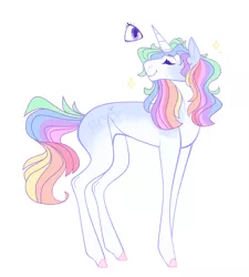 Size: 1800x2000 | Tagged: safe, artist:glitchthunder, derpibooru import, oc, unofficial characters only, pony, unicorn, blank flank, breedable, coat markings, eyes closed, female, magical lesbian spawn, mare, offspring, parent:rainbow dash, parent:rarity, parents:raridash, simple background, smiling, solo, stars, white background