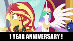 Size: 1920x1080 | Tagged: safe, derpibooru import, edit, edited screencap, screencap, princess celestia, princess luna, sunset shimmer, alicorn, pony, equestria girls, equestria girls series, forgotten friendship, angry, anniversary, caption, captions, celebration, clothes, cloud, cloudy, crown, cutie mark, cutie mark clothes, day, determined, exclamation point, family, female, frown, geode of empathy, image macro, impact font, indoors, it happened, jacket, jewelry, leather jacket, magical geodes, one year anniversary, outdoors, portal, princess, regalia, reunion, royal sisters, royalty, shirt, siblings, simple background, sisters, sky, spread wings, symbol, t-shirt, text, the prodigal sunset, throne, throne room, top, transparent background, wall of tags, wings, woman