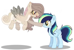 Size: 1280x871 | Tagged: safe, artist:jxst-roch, derpibooru import, oc, oc:flowerbroken, oc:rainbow shine, unofficial characters only, hybrid, pegasus, pony, boop, draconequus hybrid, female, interspecies offspring, mare, offspring, parent:discord, parent:fluttershy, parent:rainbow dash, parent:soarin', parents:discoshy, parents:soarindash, simple background, transparent background, watermark