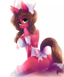 Size: 2000x2400 | Tagged: suggestive, artist:klaudy, derpibooru import, oc, oc:cherry pepper, unofficial characters only, anthro, unicorn, anthro oc, ass, bow, breasts, butt, clothes, commission, female, hair bow, looking at you, mare, simple background, sitting, smiling, socks, solo, solo female, tail bow, thigh highs, white background, ych result