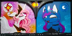 Size: 4070x2056 | Tagged: safe, artist:jiuweidehuli, artist:magnaluna, derpibooru import, princess celestia, princess luna, alicorn, pony, craft, curved horn, eyes closed, fangs, horn, jewelry, moon, music notes, open mouth, papercraft, regalia, singing, spread wings, sun, traditional art, wings