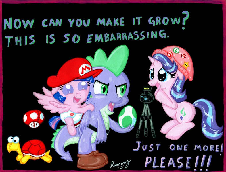 Size: 6594x5033 | Tagged: safe, artist:rammzblood, derpibooru import, spike, starlight glimmer, twilight sparkle, dragon, koopa troopa, pony, unicorn, yoshi, ail-icorn, spoiler:interseason shorts, absurd resolution, age regression, baby, babylight sparkle, beanie, camera, clothes, cosplay, costume, dialogue, egg, female, filly, hat, stars, super mario bros., traditional art, winged spike, yoshi's island, younger