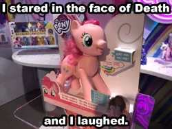 Size: 1024x768 | Tagged: safe, derpibooru import, edit, pinkie pie, pony, adoracreepy, animatronic, brushable, caption, creepy, cute, end of ponies, giggles, giggling, grimcute, happiness, happy, hope, image macro, interactive, irl, optimism, photo, scary, text, tickling, toy, toy fair, toy fair 2019