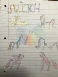 Size: 2448x3264 | Tagged: safe, artist:rainbow dash is best pony, derpibooru import, applejack, fluttershy, pinkie pie, rainbow dash, rarity, twilight sparkle, twilight sparkle (alicorn), alicorn, pony, body swap, colored pencil drawing, hat, lined paper, mane six, traditional art