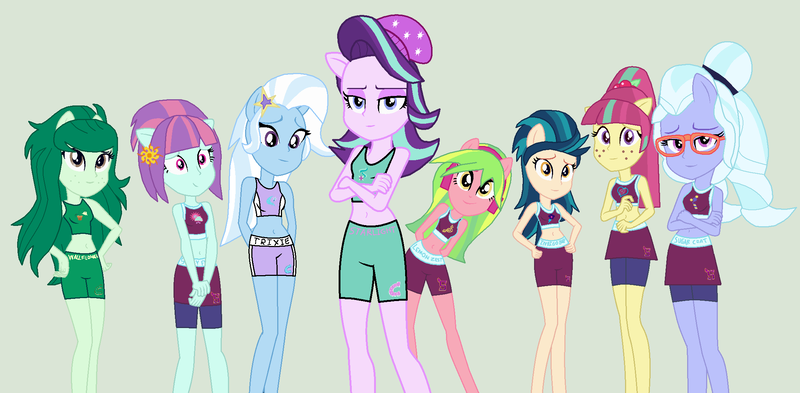 Size: 2190x1077 | Tagged: safe, artist:eli-j-brony, derpibooru import, indigo zap, lemon zest, sour sweet, starlight glimmer, sugarcoat, sunny flare, trixie, wallflower blush, equestria girls, base used, belly button, clothes, exeron fighters, exeron outfit, midriff, ponied up, shadow five, skirt, sports bra