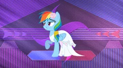 Size: 2880x1600 | Tagged: safe, artist:laszlvfx, artist:rainbowmaned, derpibooru import, edit, rainbow dash, pegasus, pony, clothes, cute, dress, female, flower, flower in hair, mare, rainbow dash always dresses in style, smiling, solo, wallpaper, wallpaper edit, wedding dress