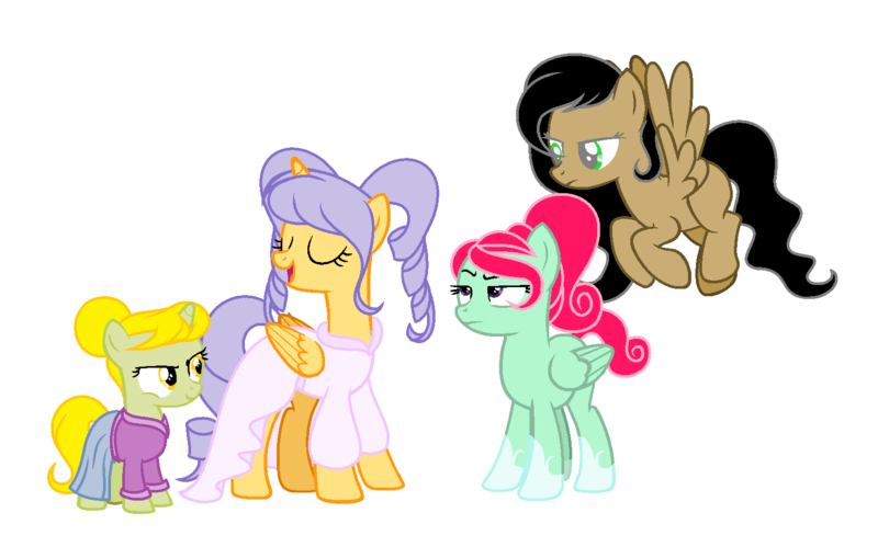 Size: 1567x977 | Tagged: safe, artist:capper, artist:miatdm, derpibooru import, oc, oc:cherry rain, oc:lavender, oc:marigold, oc:storm cloud, unofficial characters only, alicorn, pegasus, pony, unicorn, base used, blank flank, body markings, female, siblings, sisters