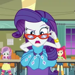 Size: 1015x1015 | Tagged: safe, derpibooru import, screencap, apple bloom, rarity, sweetie belle, equestria girls, equestria girls series, happily ever after party, adjusting glasses, background human, bracelet, canterlot high, classroom, cropped, glasses, hand behind back, happily ever after party: rarity, image, jewelry, offscreen character, pencil skirt, png, pov, raised eyebrow, rarity peplum dress, rarity's glasses, sleeveless