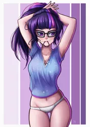 Size: 848x1200 | Tagged: suggestive, artist:the-park, derpibooru import, sci-twi, twilight sparkle, equestria girls, legend of everfree, abstract background, arm behind head, beautiful, belly button, big breasts, blushing, border, breasts, busty sci-twi, cleavage, clothes, eyelashes, female, glasses, hair tie, human coloration, looking sideways, messy hair, midriff, mouth hold, panties, ponytail, sexy, shirt, short shirt, signature, sleepwear, smiling, solo, standing, stupid sexy sci-twi, stupid sexy twilight, thigh gap, underass, underwear, white panties, white underwear