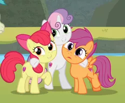 Size: 810x663 | Tagged: safe, derpibooru import, screencap, apple bloom, scootaloo, sweetie belle, earth pony, pegasus, pony, unicorn, surf and/or turf, adorabloom, bipedal, cropped, cute, cutealoo, cutie mark, cutie mark crusaders, diasweetes, female, filly, group hug, hug, smiling, the cmc's cutie marks, trio, trio female