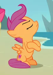 Size: 412x580 | Tagged: safe, derpibooru import, screencap, apple bloom, scootaloo, earth pony, pegasus, pony, surf and/or turf, cropped, crossed hooves, cutie mark, eyes closed, female, filly, offscreen character, pouting, sitting, solo focus, the cmc's cutie marks