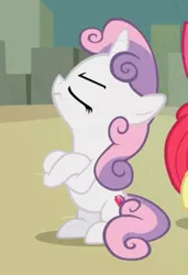 Size: 400x586 | Tagged: safe, derpibooru import, screencap, apple bloom, sweetie belle, earth pony, pony, unicorn, surf and/or turf, cropped, crossed hooves, cutie mark, eyes closed, female, filly, offscreen character, pouting, sitting, solo focus, the cmc's cutie marks