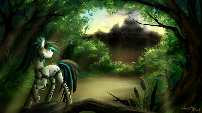 Size: 1920x1080 | Tagged: safe, artist:its-gloomy, derpibooru import, oc, oc:nighttide star, unofficial characters only, cyborg, pony, female, looking back, mare, mountain, nature, scenery, smiling, solo, standing, tree