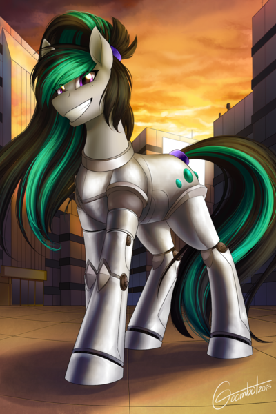 Size: 1200x1800 | Tagged: safe, artist:its-gloomy, derpibooru import, oc, oc:nighttide star, unofficial characters only, cyborg, earth pony, pony, amputee, city, female, low angle, mare, prosthetic limb, prosthetics, smiling, solo, standing, sunset