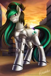 Size: 1200x1800 | Tagged: safe, artist:its-gloomy, derpibooru import, oc, oc:nighttide star, unofficial characters only, cyborg, earth pony, pony, amputee, city, female, low angle, mare, prosthetic limb, prosthetics, smiling, solo, standing, sunset