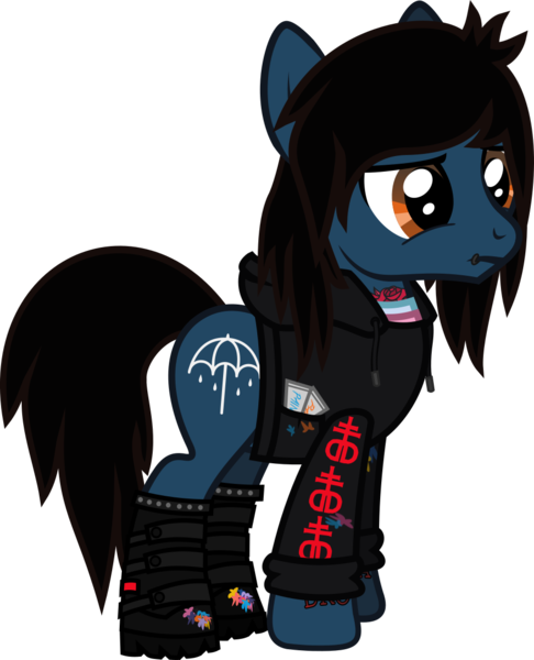 Size: 1000x1235 | Tagged: safe, artist:lightningbolt, derpibooru import, ponified, ponified:oliver sykes, earth pony, pony, .svg available, boots, bring me the horizon, clothes, confused, drop dead clothing, equestria girls ponified, frown, hood, hoodie, lip piercing, male, paint, paint bottle, paint stains, piercing, shirt, shoes, simple background, solo, stallion, svg, tattoo, transparent background, undershirt, vector