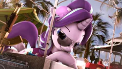 Size: 3840x2160 | Tagged: safe, artist:calveen, derpibooru import, starlight glimmer, pony, unicorn, 3d, ak-47, alcohol, alternate hairstyle, assault rifle, aviator glasses, beach, bed, boombox, bottle, buggy, car, chinese text, clothes, drink, food, gazebo, glass, glasses, gun, high res, looking at you, lying down, one-piece swimsuit, palm tree, radio, raised tail, rifle, smiling, smirk, solo, source filmmaker, sunglasses, sunscreen, surfboard, swimsuit, tail, tattoo, tequila, tree, umbrella, weapon