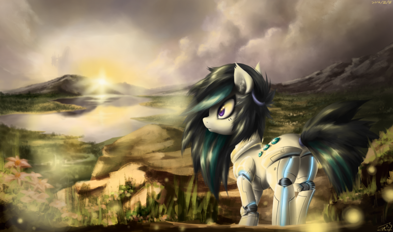 Size: 3084x1820 | Tagged: safe, artist:whit3-dr4g0n, derpibooru import, oc, oc:nighttide star, unofficial characters only, cyborg, pony, female, mare, scenery, solo, standing