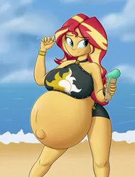 Size: 1658x2181 | Tagged: suggestive, artist:funble, derpibooru import, sunset shimmer, equestria girls, equestria girls series, belly, belly button, big belly, big breasts, breasts, busty sunset shimmer, clothes, female, hyper, hyper belly, hyper pregnancy, ice cream cone, impossibly large belly, outie belly button, pregnant, pregnant equestria girls, sunset preggers, swimsuit