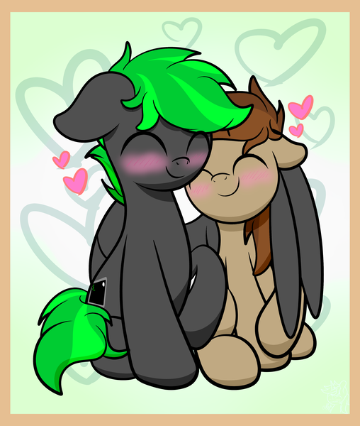 Size: 3006x3553 | Tagged: safe, artist:kimjoman, derpibooru import, oc, oc:bytewave, oc:caramel sweet, unofficial characters only, pegasus, pony, unicorn, commission, cuddling, cute, gay, hug, male, winghug, wings, ych result